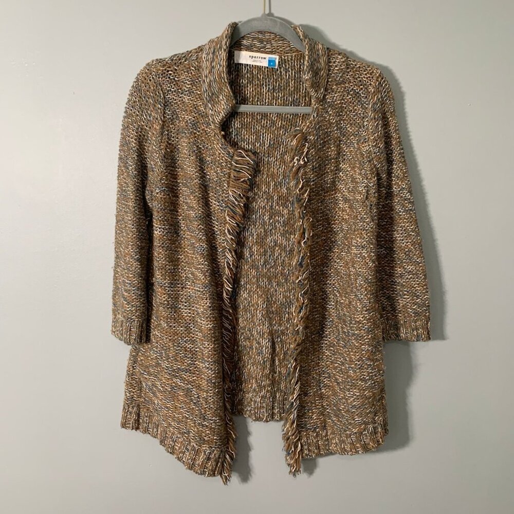 Sparrow Anthropologie Brown Blue Marled Fringe Open‎ Front Knit Cardigan Small